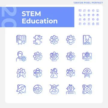 STEM education pixel perfect gradient linear vector icons set Stock Illustration