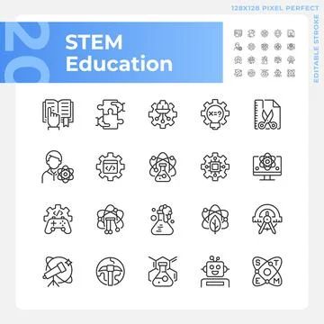 STEM education pixel perfect linear icons set Illustrazione stock