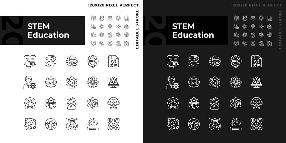 STEM education pixel perfect linear icons set for dark, light mode Stock-Illustration