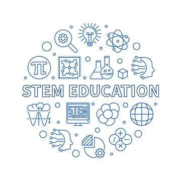 STEM Education round minimal vector blue line illustration. Science banner イラスト素材
