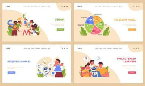 Stem education web banner or landing page set. Schoolers gaining Stock Illustration