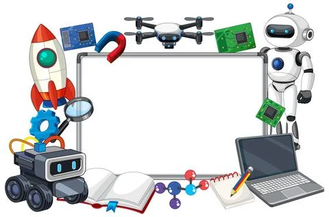 STEM Education Whiteboard Frame with Robots Drone and Science Objects Stock Illustration