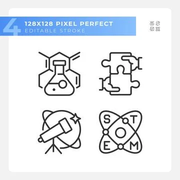 STEM impact on education pixel perfect linear icons set Stock Illustration