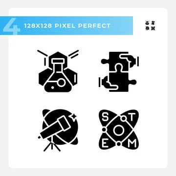 STEM impact on education pixel perfect black glyph icons set on white space 스톡 일러스트