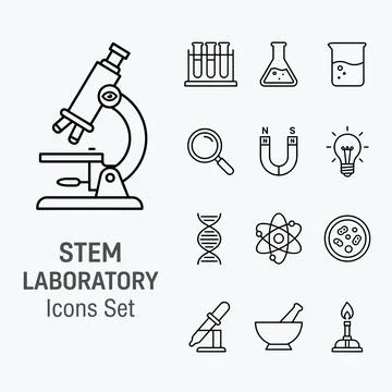 STEM laboratory icons set featuring microscope, test tubes, flask, beaker, .. Stock Illustration