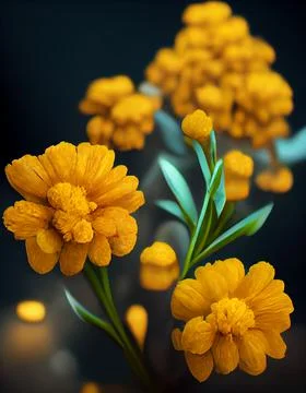 A stem with many charming yellow, African Marigold close-up. Stock Illustration