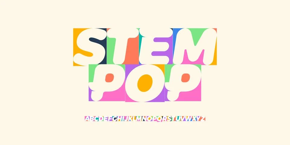 STEM Pop bright geometric font alphabet, playful colorful letters for science Illustrazione stock