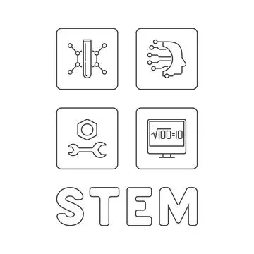 STEM Science outline concept simple banner with four icons. Science, Techno.. Stock Illustration