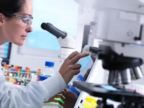 STEM scientist in the laboratory using a touch screen computer to analyse data Stock Photos