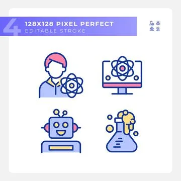 STEM technology and AI pixel perfect RGB color icons set Stock Illustration
