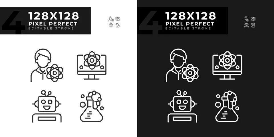 STEM technology and AI pixel perfect linear icons set for dark, light mode Stock Illustration