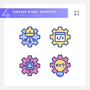 STEM technology settings pixel perfect RGB color icons set Stock Illustration