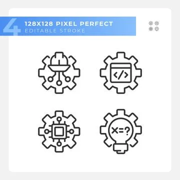 STEM technology settings pixel perfect linear icons set Illustrazione stock