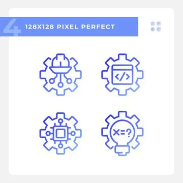 STEM technology settings pixel perfect gradient linear vector icons set Stock Illustration