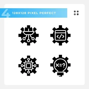 STEM technology settings pixel perfect black glyph icons set on white space Stock Illustration