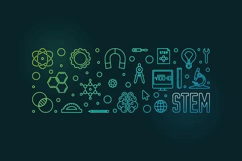 STEM vector horizontal creative colorful banner in line style Stock Illustration