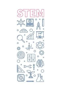 STEM vector outline vertical blue simple banner. Science concept illustration 스톡 일러스트