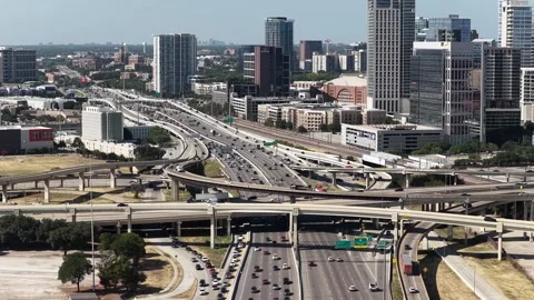 Stemmons Freeway toward Victory Park and Uptown Dallas Towers Stock Footage 343064001