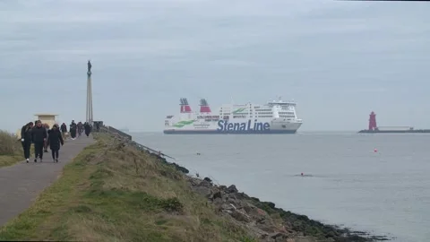 Stena line boat in front of Poolbeg lighthouse Stock Footage 170893962