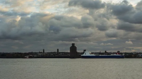 Stena Line ferries loading at Birkenhead on the River Mersey at dusk. Timelap Stock Footage 108400411