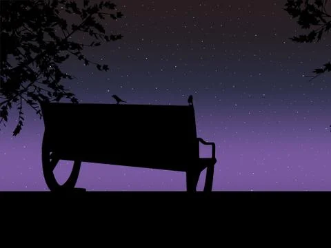 Stencil bench against the backdrop of a starry night sky Design for card. Vector Stock Illustration