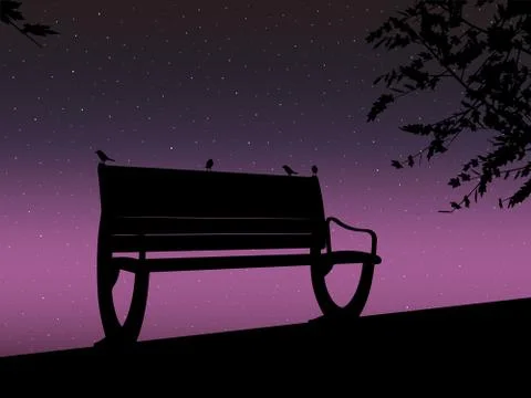 Stencil bench against the backdrop of a starry night sky Design for card. Vector Ilustração Stock