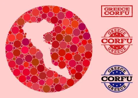 Stencil Circle Map of Corfu Island Mosaic and Grunge Stamp Stock Illustration