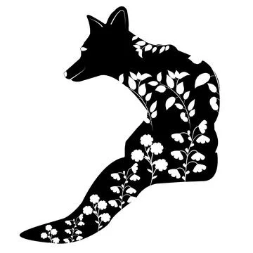 Stencil fox sits with its back in the grass and flowers Stock Illustration