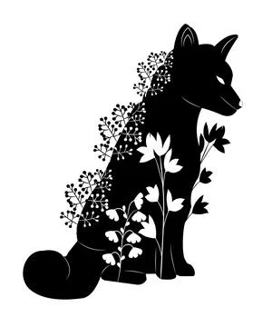 Stencil fox sitting in the grass and flowers Illustrazione stock