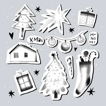 Stencil Illustration of Sticker Pack with 9 Elements: Christmas Tree, Gift... Stock Illustration