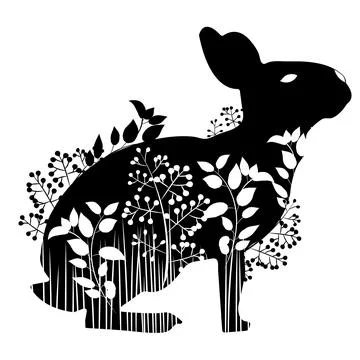 Stencil rabbit rises in profile in grass and flowers Stock Illustration