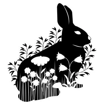 Stencil rabbit sits in profile in the grass and flowers Stock Illustration