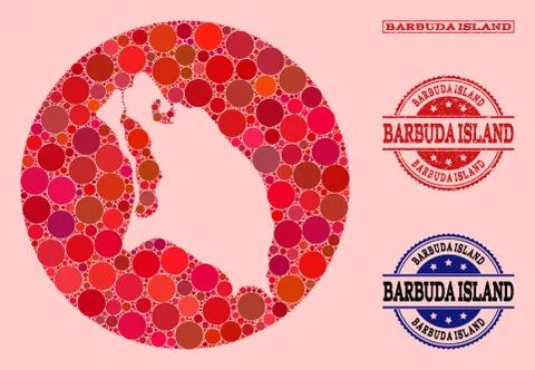 Stencil Round Map of Barbuda Island Mosaic and Watermark Seal Stock Illustration