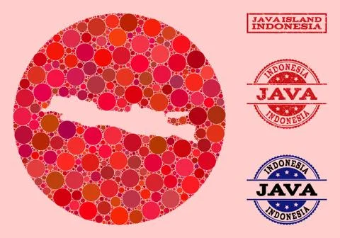 Stencil Round Map of Java Island Mosaic and Watermark Stamp Illustration