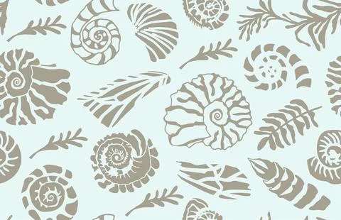 Stencil seashells and plants Seamless pattern Hand drawn art of ocean shell o Stock Illustration