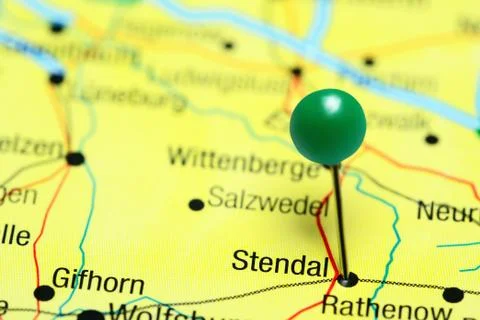 Stendal pinned on a map of Germany Stock Photos