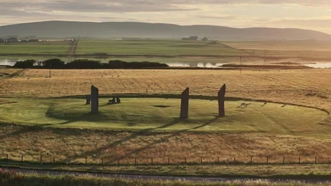 Stenness Stone Circle, Orkney, Circling Sunny Drone Clip, 3100 BC, 4K Stock Footage 258294629
