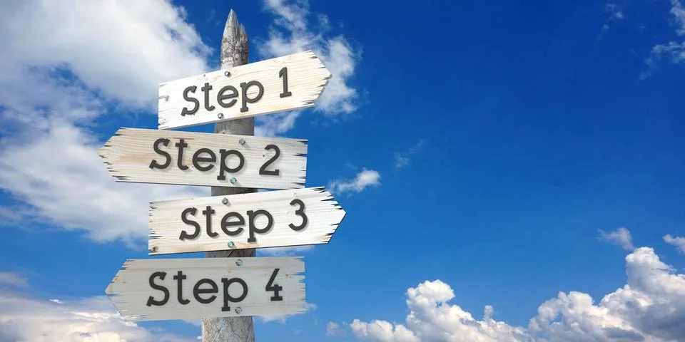 Step 1, 2, 3, 4 - wooden signpost with four arrows Stock Illustration