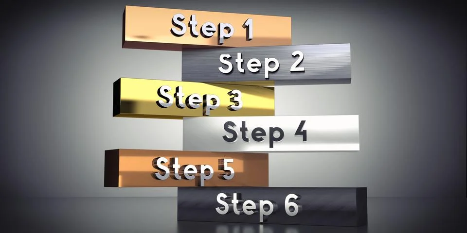 Step 1, 2, 3, 4, 5, 6 - words on metal blocks - 3D illustration Stock Illustration