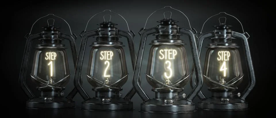 Step 1, 2, 3, 4 - Vintage Kerosene Lanterns - 3d illustration Stock Illustration