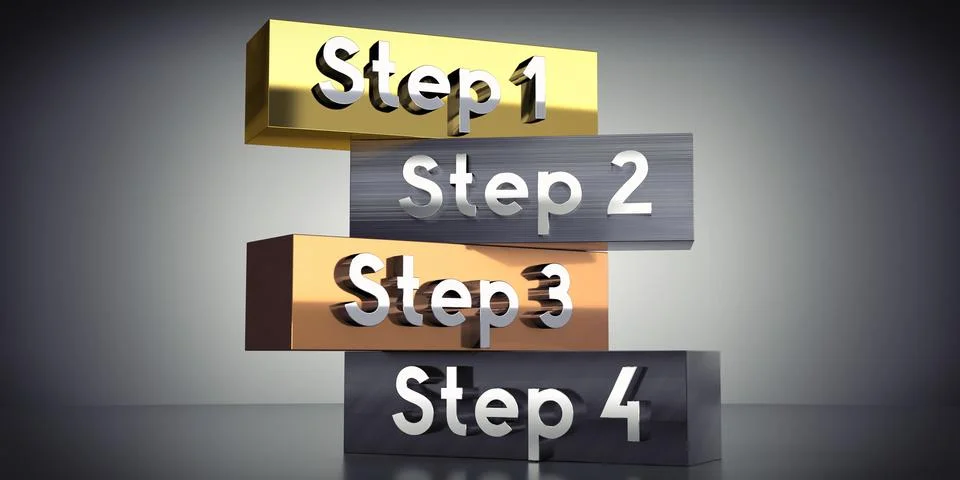 Step 1, 2, 3 and 4 - words on metal blocks - 3D illustration Stock Illustration