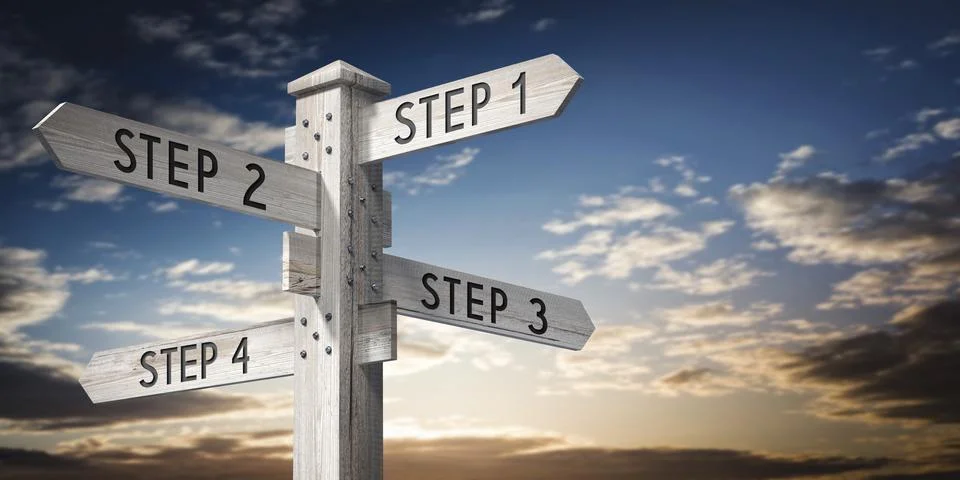 Step 1, 2, 3 and 4 - wooden signpost with four arrows - 3D rendering Stock Illustration