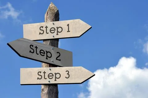 Step 1, step 2, step 3 - wooden signpost with three arrows, sky with clouds Stock Photos