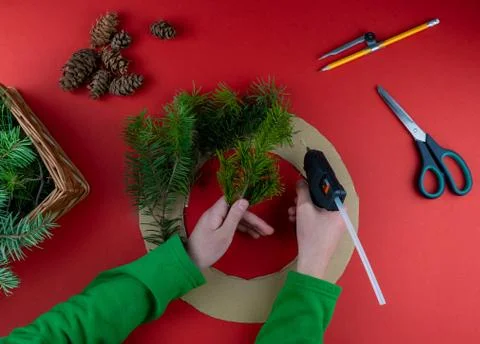 Step 3. Step by step instructions. How to make a Christmas wreath from conife Stock Photos