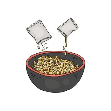 Step of adding spices to instant noodles, sketch vector illustration isolated. Stock Illustration