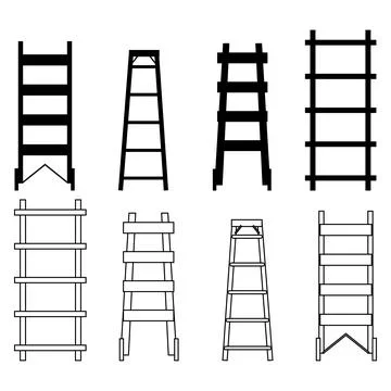 Step and extension ladder tools icon set featuring dual style line art and .. Stock Illustration