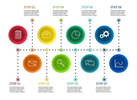Step chart. Info process diagram, timeline with milestones. Workflow Stock Illustration