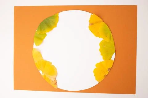 Step in creative process, Autumn leaf art depicting fish arranged in a circ.. Stock Photos