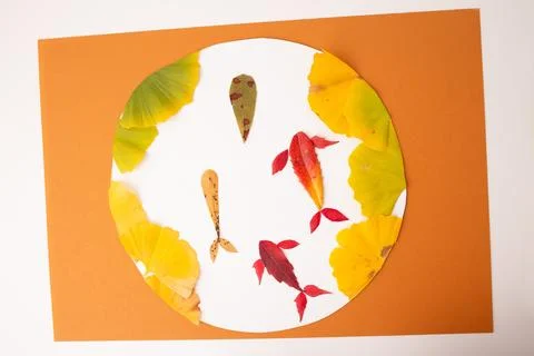 Step in creative process, Autumn leaf art depicting fish arranged in a circ.. Stock Photos