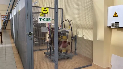 Step-down transformer at a distribution substation. The inscriptions in Russian  Stock Footage 151100828